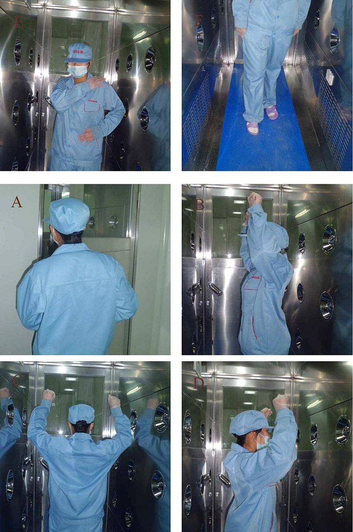 進(jìn)入風(fēng)淋室前無塵服應(yīng)穿著得當(dāng)，袖口和領(lǐng)口需拉緊，避免衣物內(nèi)外的塵埃進(jìn)入。